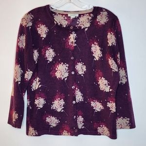 Garnet Hill Plum Floral Cardigan Merino Wool L